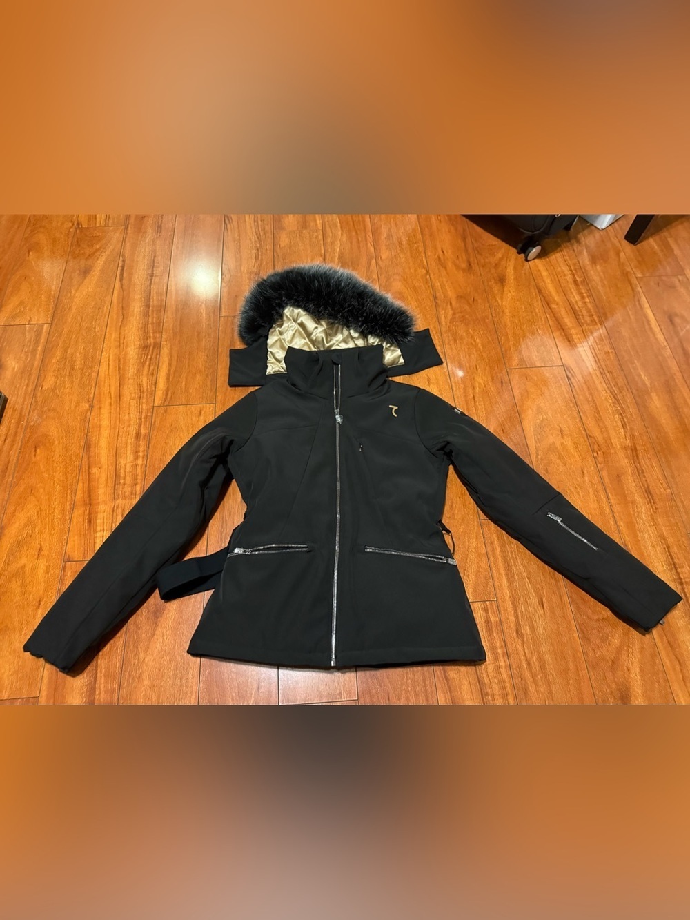SABER Black Women's Hooded Parka Jacket with Faux Fur Trim
